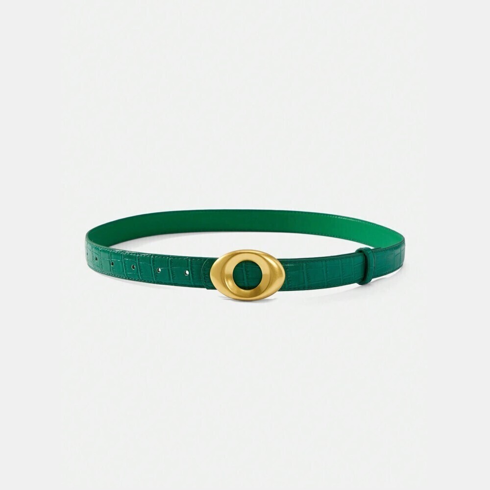 Emerald Green Croc-Embossed Belt with Oval Gold Buckle